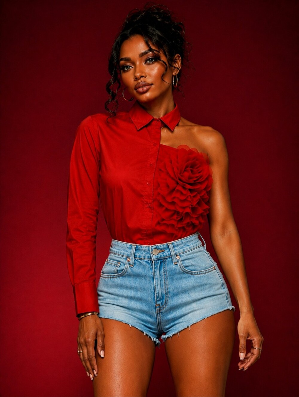 💋RED ONE-SHOULDER FLOWER BLOUSE!!!